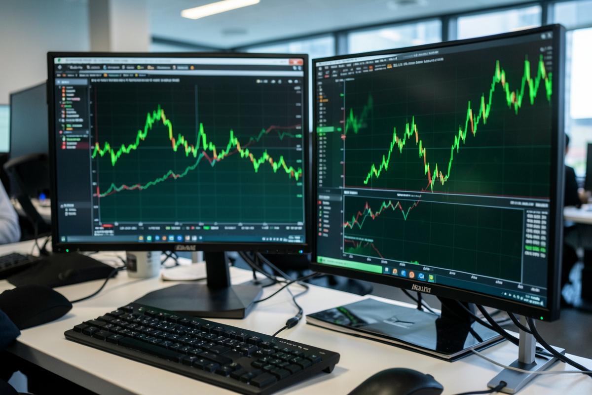 Trading monitors displaying cryptocurrency market charts